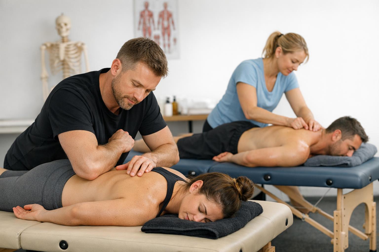 Par uczestników ćwiczących techniki masażu tkanek głębokich podczas praktycznych zajęć