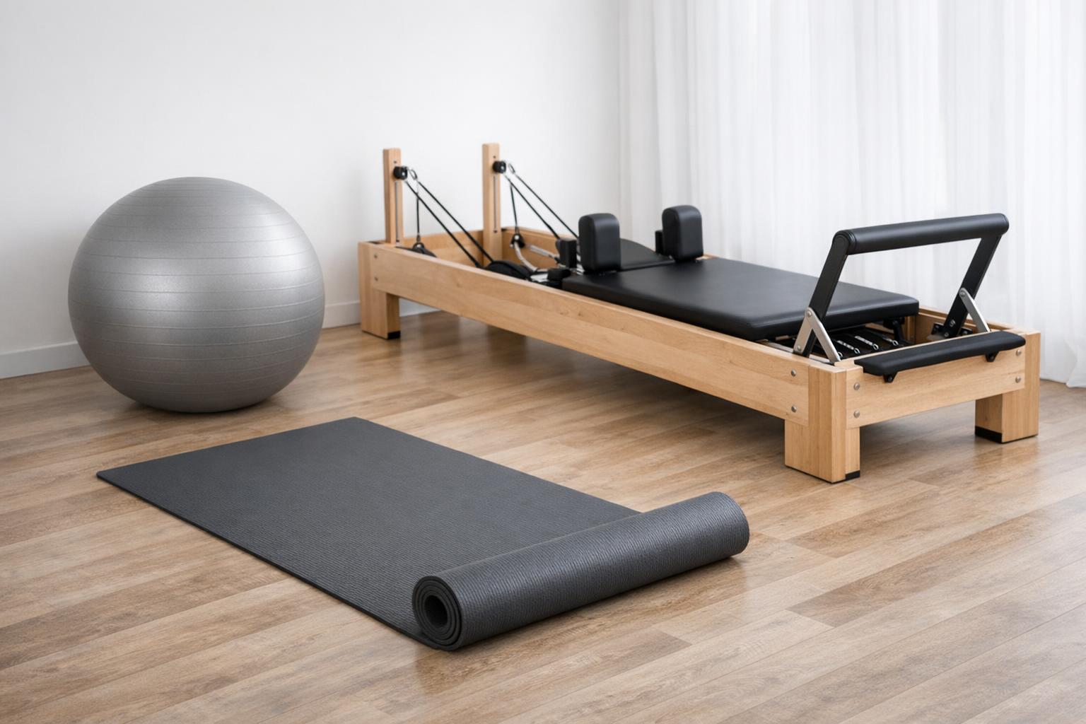 zdjęcie akcesoriów do pilates: mata, reformer, piłka